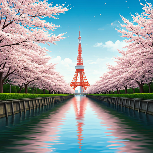 A travel scene with blossoms and water